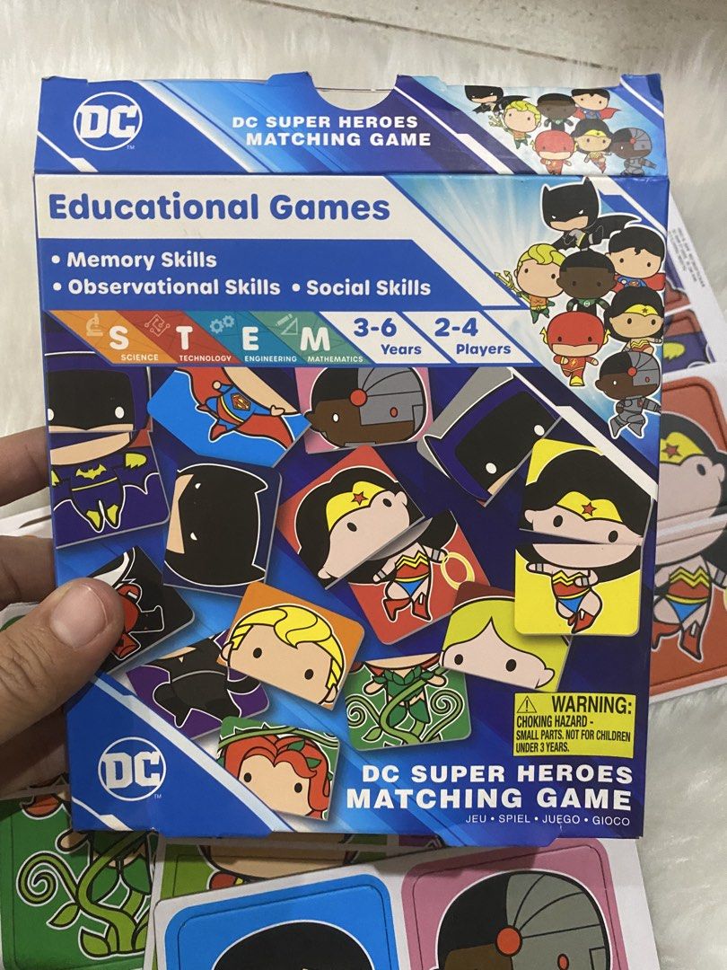 DC Super Heroes Matching Game Educational STEM Toy (Category: Board Games & Puzzles) located in Quezon City. Submitted by donagraceliwanag (Listing ID 1463035538, Image 1). Description: - DC Super Heroes Matching Game for kids. - Enhances memory, observational, and social skills. - Supports STEM learning. - Ideal for 2-4 players. - Suitable for ages 3-6 years. - Features popular DC characters like Superman, Batman, and Wonder Woman. - Provides a 
