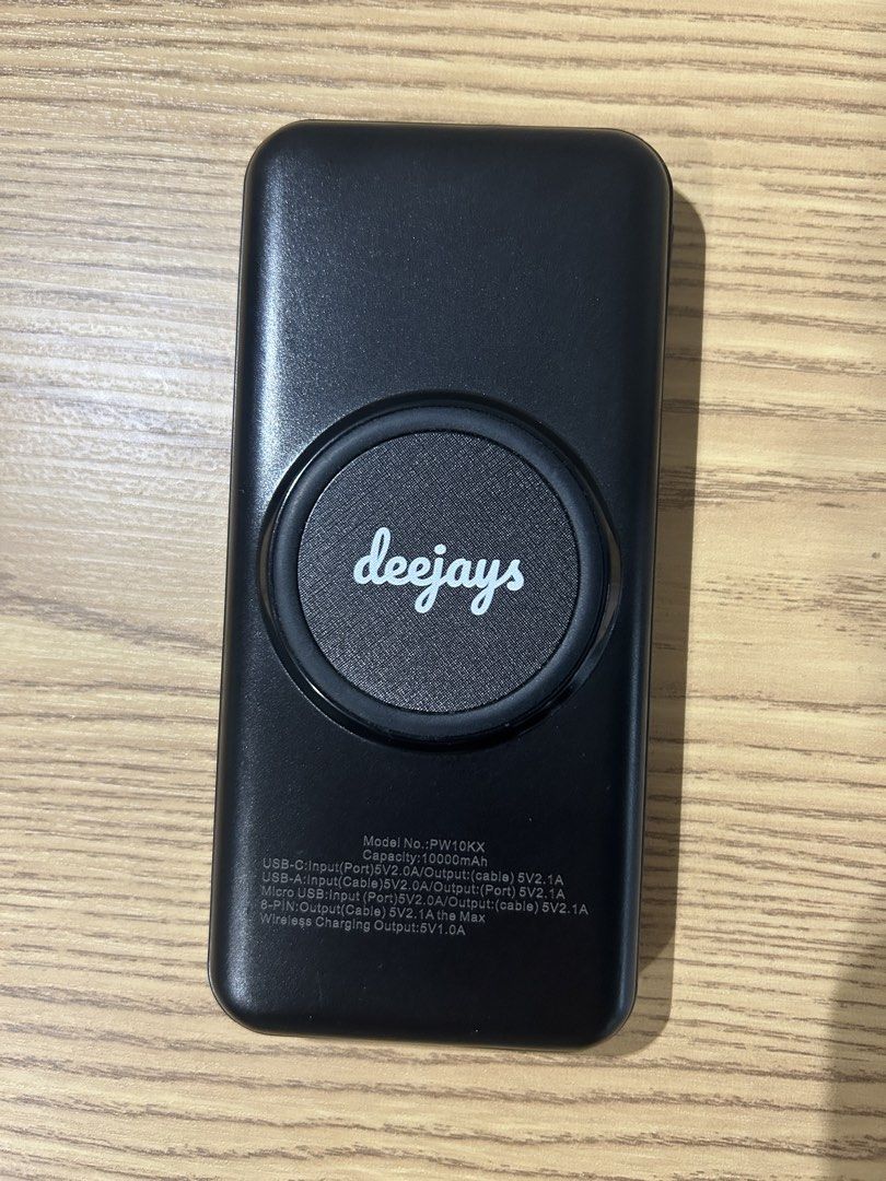 Deejays 10,000mAh Power Bank (Category: Batteries & Power Banks) located in Manila. Submitted by zealpenguin-a0aa (Listing ID 1463118928, Image 1). Description: Selling my Deejays 10,000mAh power bank. Still in good condition and working properly. It has built-in cables for iPhone/Lightning, Type-C, Micro USB, and USB, plus wireless charging. Dm if interested..