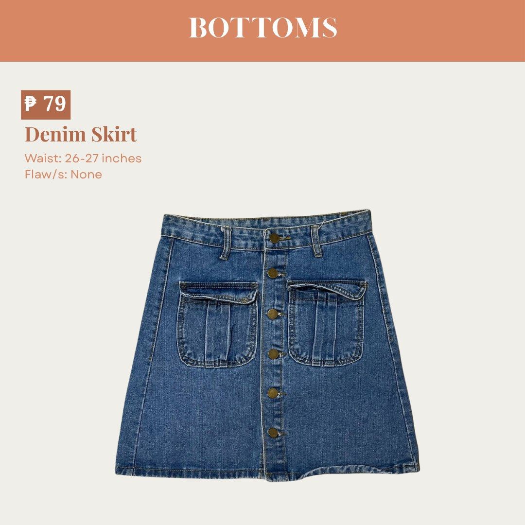 Denim Skirt with Button Front and Pockets (Category: Skirts) located in Manila. Submitted by preloveddorangecloset (Listing ID 1463003585, Image 1). Description: - Blue denim skirt - Button front closure - Two large flap pockets on the front - Waist: 26-27 inches - No flaws noted - Perfect for casual wear.
