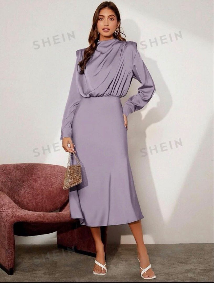 Dusty Purple Solid Shoulder Pad Satin Dress (Category: Evening dresses & gowns) located in Manila. Submitted by thelabelfindsbym (Listing ID 1462928922, Image 2). Description: Available Sizes XS - 1 Large - 1.