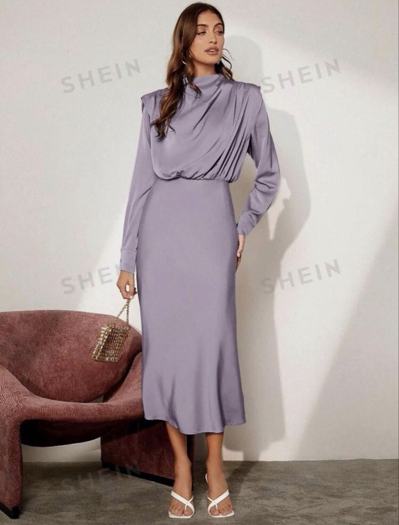 Dusty Purple Solid Shoulder Pad Satin Dress (Category: Evening dresses & gowns) located in Manila. Submitted by thelabelfindsbym (Listing ID 1462928922, Image 1). Description: Available Sizes XS - 1 Large - 1.