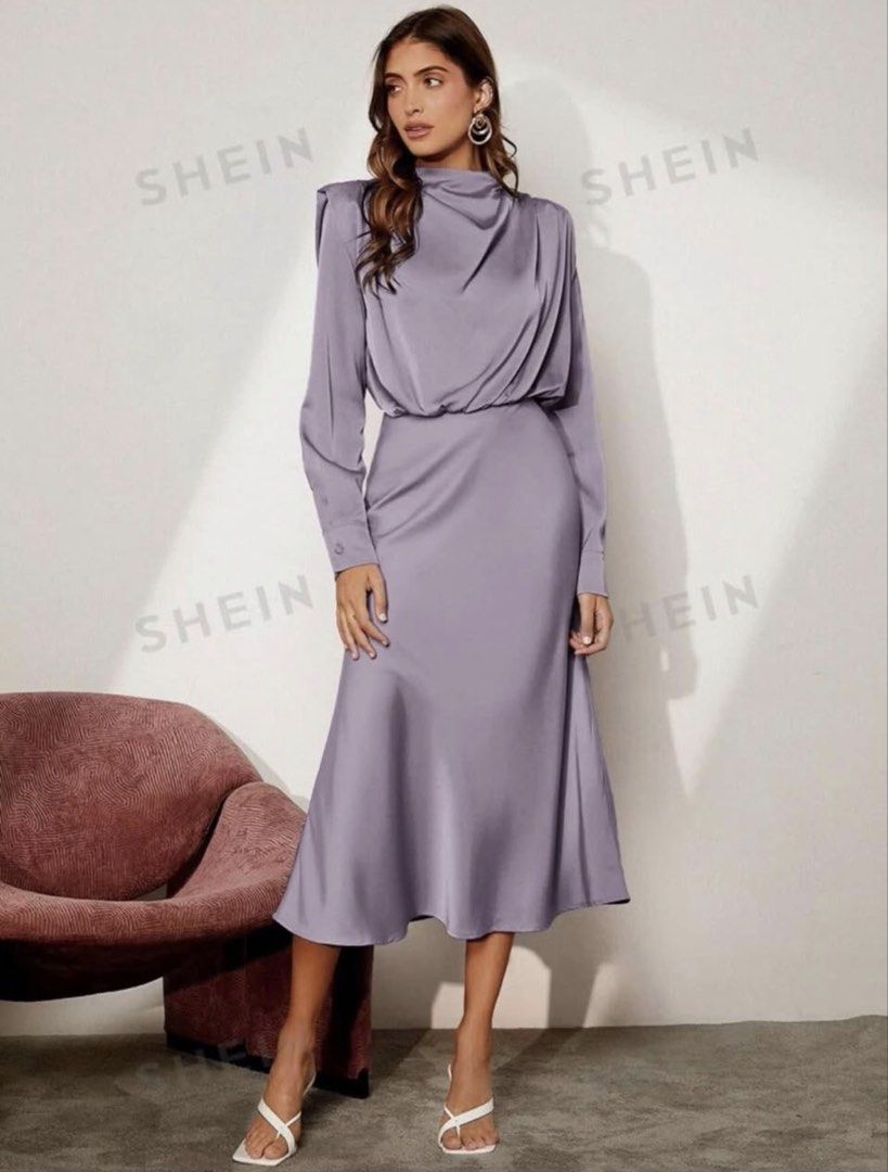 Dusty Purple Solid Shoulder Pad Satin Dress (Category: Evening dresses & gowns) located in Manila. Submitted by thelabelfindsbym (Listing ID 1462928922, Image 3). Description: Available Sizes XS - 1 Large - 1.