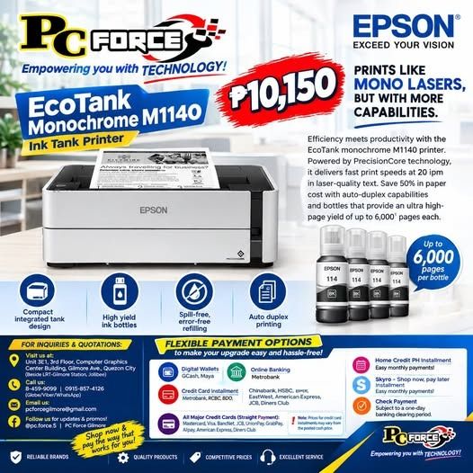 Epson EcoTank Monochrome M1140 Ink Tank Printer (Category: Printers, Scanners & Copiers) located in Quezon City. Submitted by lessterpcforce4302 (Listing ID 1462897103, Image 1). Description: Epson EcoTank Monochrome M1140 Ink Tank Printer PRINTS LIKE MONO LASERS, BUT WITH MORE CAPABILITIES. Efficiency meets productivity with the EcoTank monochrome M1140 printer. Powered by PrecisionCore technology, it delivers fast print speeds at 20 ipm in lase