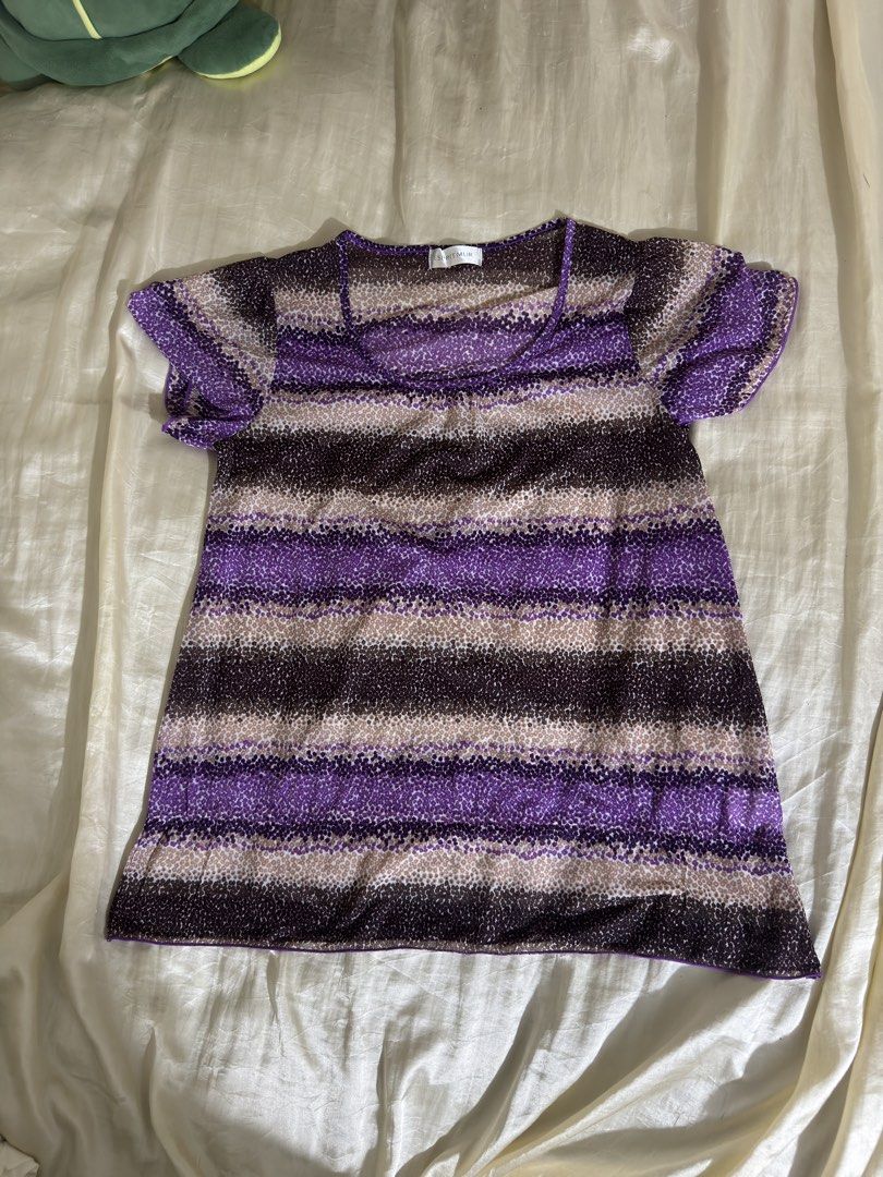 Espritmur Striped Purple Top (Category: Blouses) located in Legazpi City. Submitted by bouxloset (Listing ID 1463054124, Image 1). Description: - Short-sleeved top - Purple, brown, and beige striped pattern - Dotted texture print - Square neckline - Lightweight fabric - Ideal for casual wear.