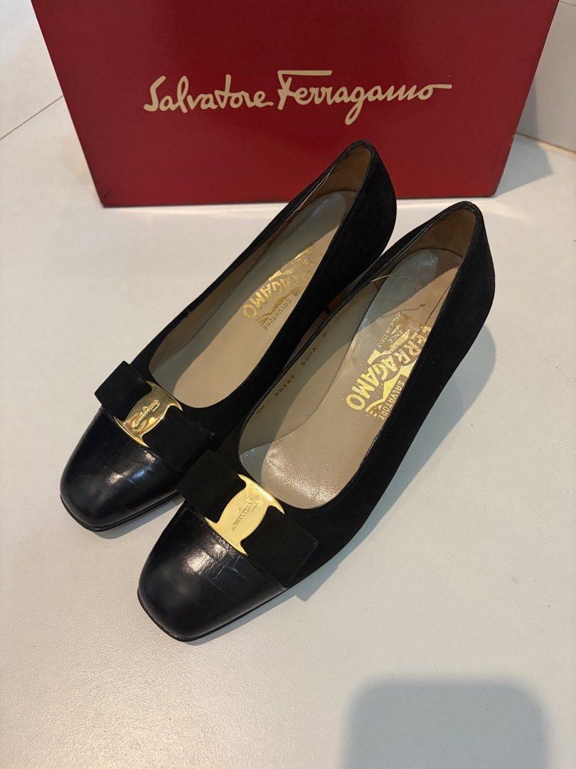 Ferrgamo black lofer heels (Category: Loafers) located in Manila. Submitted by coolandchic (Listing ID 1463044885, Image 2). Description: Mixed material Suede Croc.