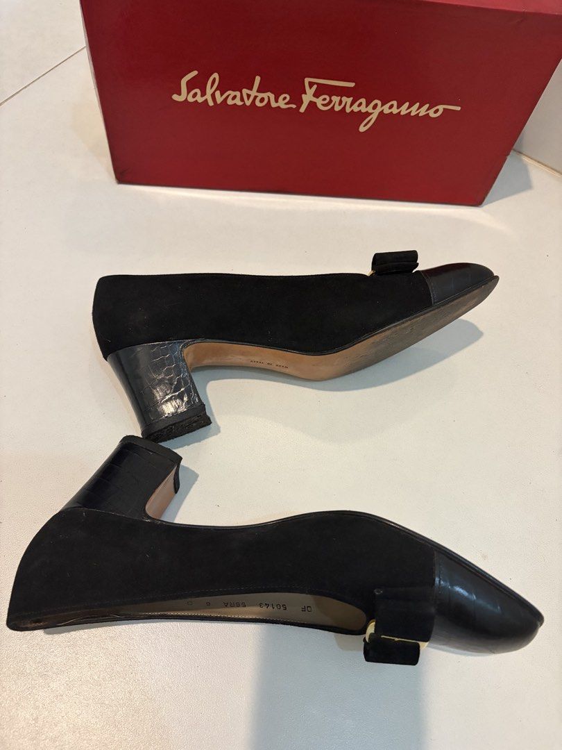 Ferrgamo black lofer heels (Category: Loafers) located in Manila. Submitted by coolandchic (Listing ID 1463044885, Image 3). Description: Mixed material Suede Croc.