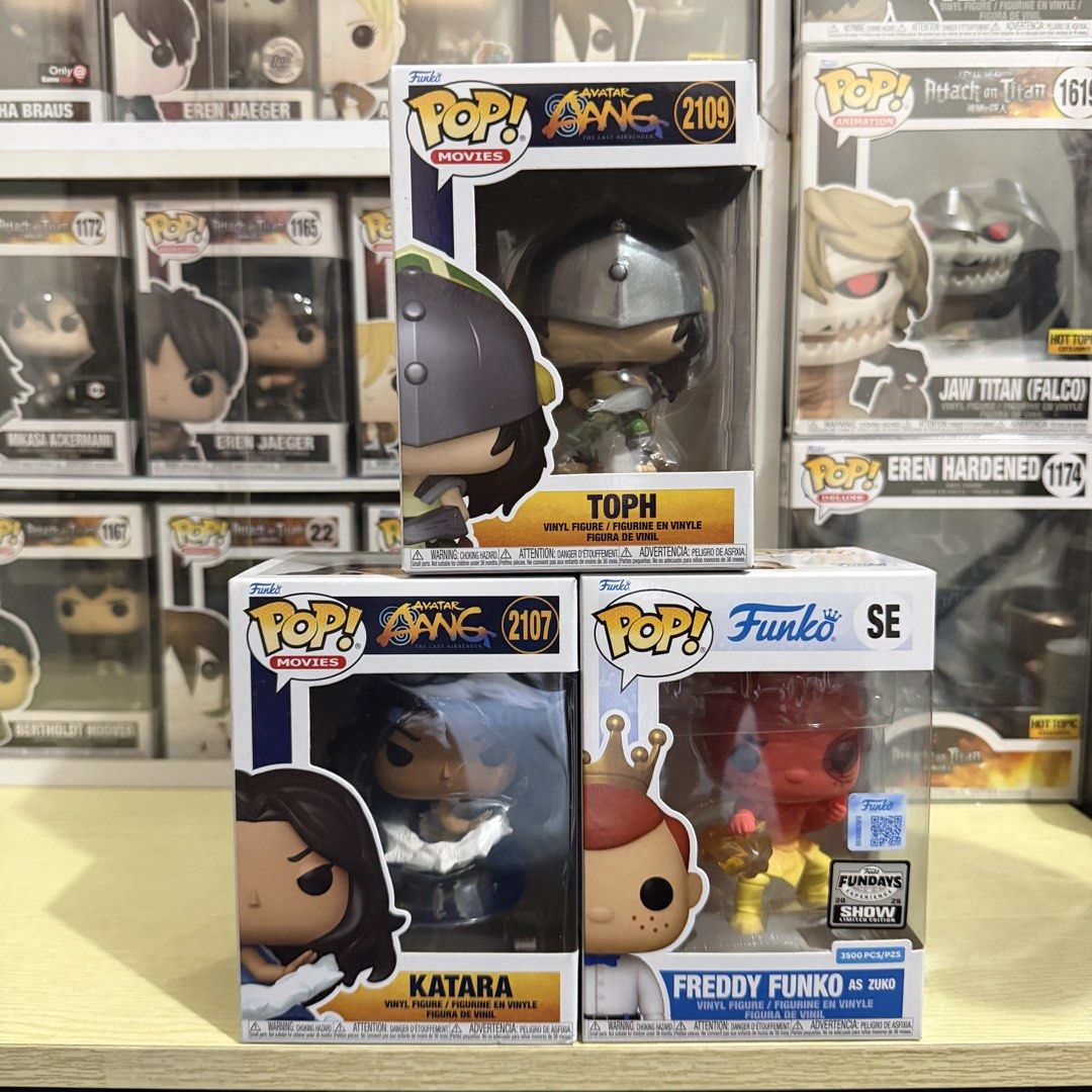 Funko Pop: Avatar Aaang: Toph, Katara, Zuko (Category: Figurines & Statues) located in Quezon City. Submitted by tokyobailey (Listing ID 1462965918, Image 1). Description: FS: Funko Pop Avatar the Last Airbender (ATLA) / Avatar Aang Freddy Funko as Zuko Fundays SHOW LE - 1750 Toph - ❌ Katara - 850 First to pay gets the item Reservation = 50% of stated price (non-refundable; max hold, 2 months) MOP: Gcash/GoTyme/BPI/Metrobank MOD: Grab/Lalamove/ L