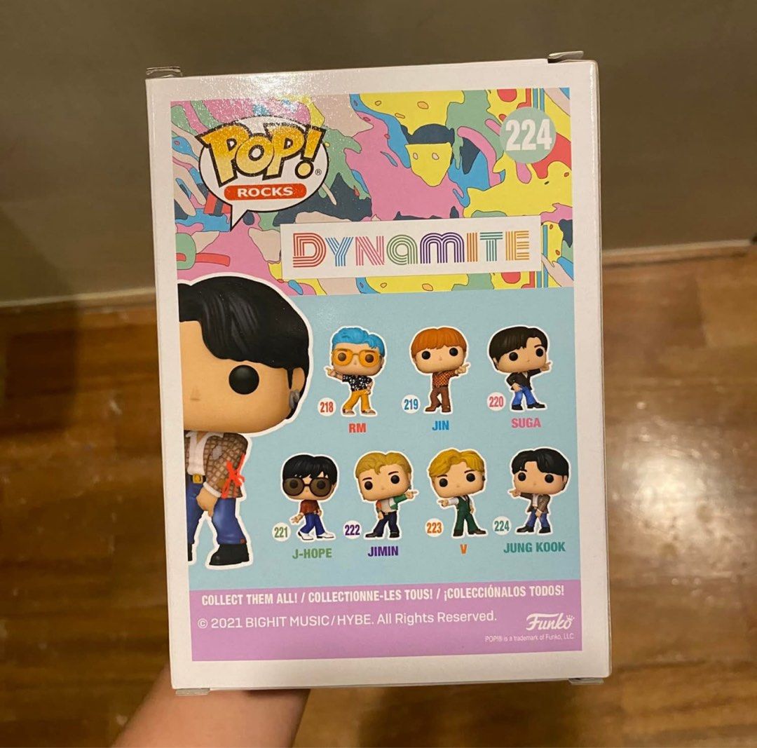 FUNKO POP BTS dynamite jungkook jk v (Category: Designer & Blind Box Toys) located in Manila. Submitted by ma.ft3 (Listing ID 1463023915, Image 2). Description: - Funko Pop! Rocks Figure - Artist: JUNGKOOK JK (BTS) - Version: Dynamite - Figure Number: 223 - Condition: Never taken out - Ideal for: BTS ARMY and collectors - Discount if taking JK also.