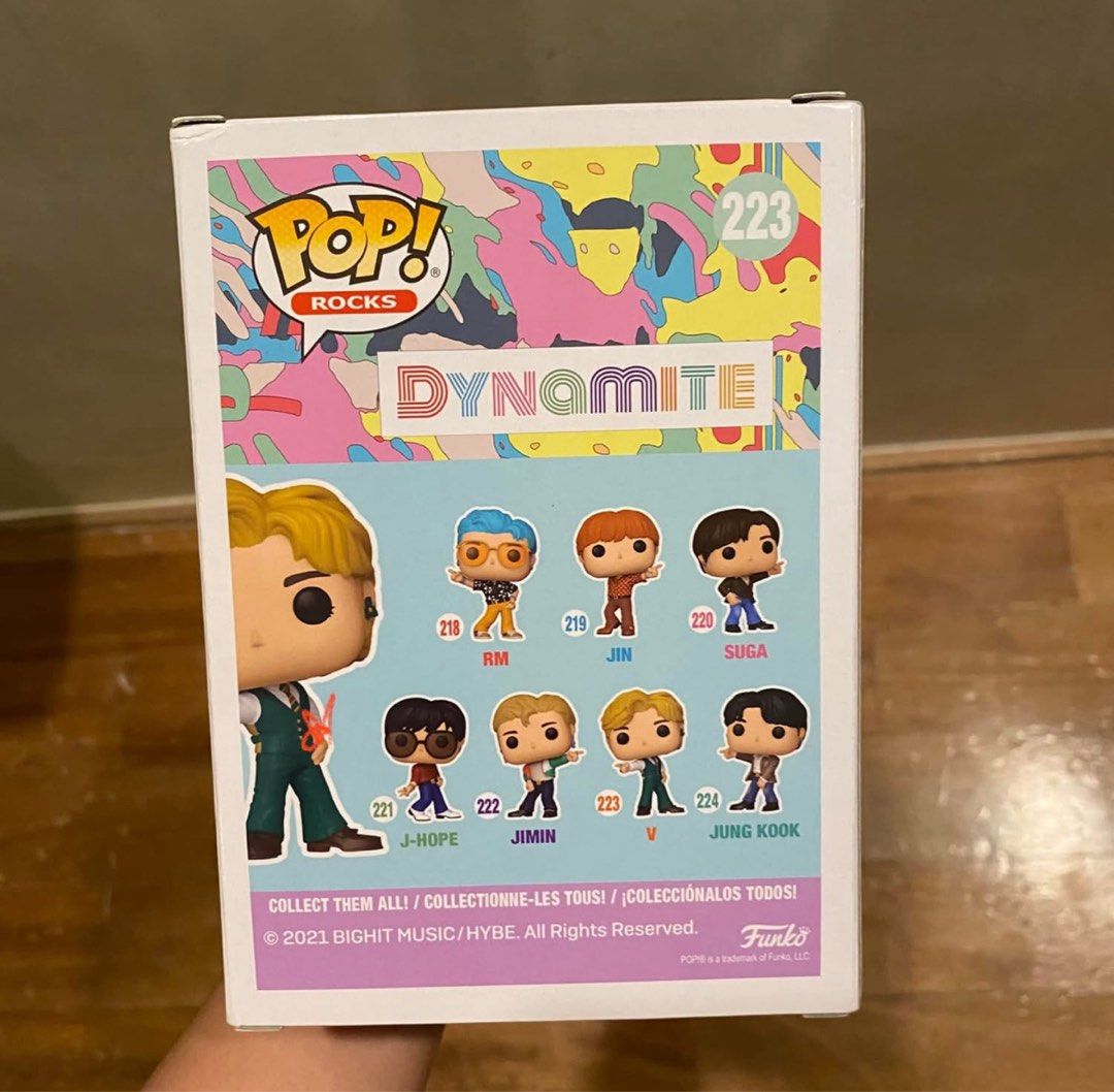 Funko Pop! Rocks BTS V Dynamite Figure #223 (Category: Figurines & Statues) located in Manila. Submitted by ma.ft3 (Listing ID 1463023916, Image 2). Description: - Funko Pop! Rocks Figure - Artist: V (BTS) - Version: Dynamite - Figure Number: 223 - Condition: Never taken out - Ideal for: BTS ARMY and collectors - Discount if taking JK also.