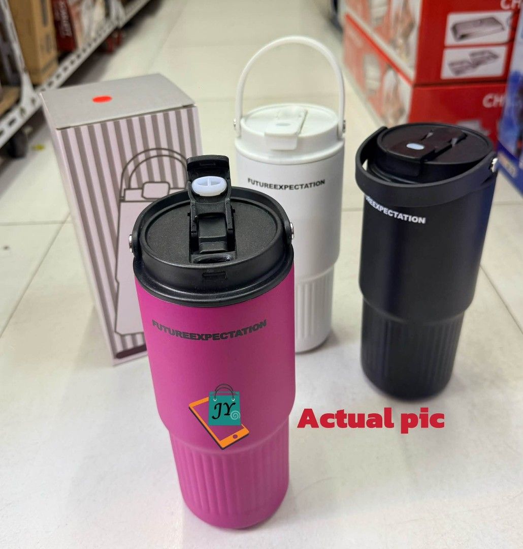 FUTUREEXPECTATION Tumbler with Handle - Black, Pink, White (Category: Water Bottles & Tumblers) located in Manila. Submitted by chaionlineshop (Listing ID 1462994197, Image 3). Description: - FUTUREEXPECTATION Tumblers - Available in Black, Pink, and White - Features a convenient handle - Secure lid for spill-free carrying - Perfect for keeping drinks hot or cold on the go - Comes with its original box.