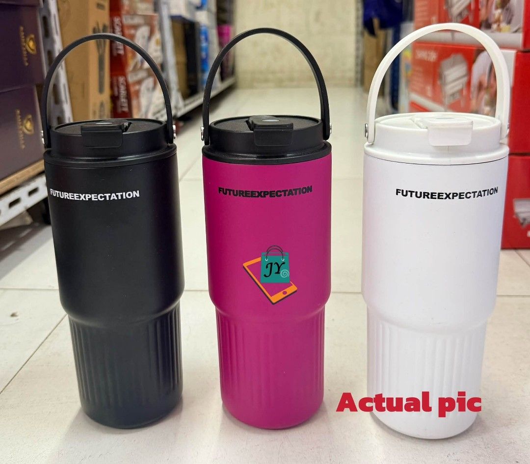 FUTUREEXPECTATION Tumbler with Handle - Black, Pink, White (Category: Water Bottles & Tumblers) located in Manila. Submitted by chaionlineshop (Listing ID 1462994197, Image 2). Description: - FUTUREEXPECTATION Tumblers - Available in Black, Pink, and White - Features a convenient handle - Secure lid for spill-free carrying - Perfect for keeping drinks hot or cold on the go - Comes with its original box.