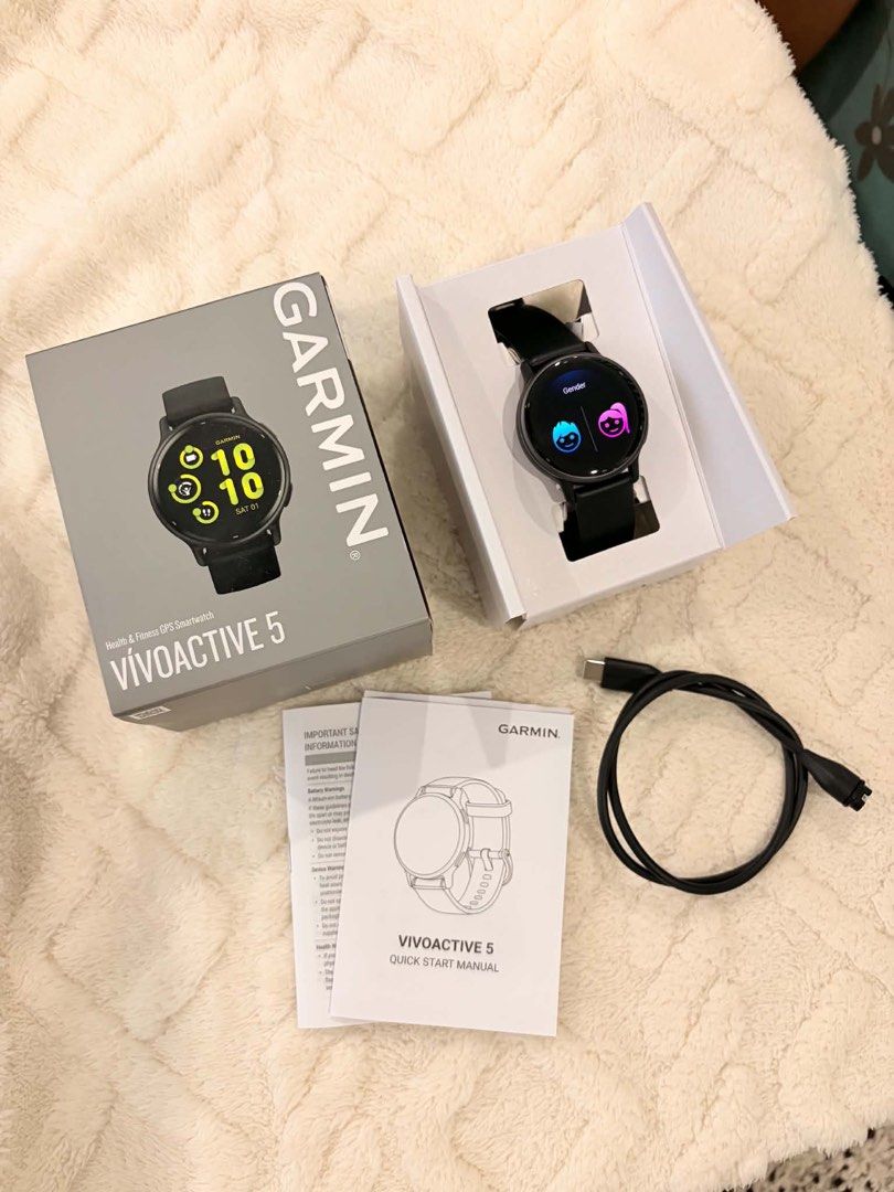 Garmin VÍVOACTIVE 5 (Category: Wearables & Smart Watches) located in Carmona. Submitted by clarose (Listing ID 1463103199, Image 1). Description: Health and Fitness GPS Smartwatch Price: ₱9,000 only ✨ Purchased April 2026 No issues or dents 9.9/10 condition; barely used Lady-owned All-inclusive; complete! - Basic Product Description Screen: 1.2” AMOLED Material: stainless steel Dimensions: 42.2x42.2x11.1mm Weight: 36g Water Rating: 5ATM / 50m 30+