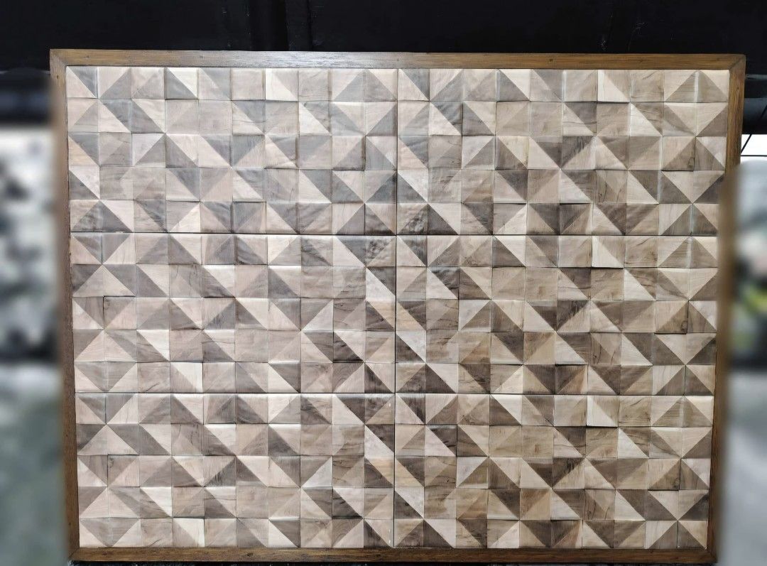 Geometric Wood Wall Art Panel (Category: Wall Decor) located in Quezon City. Submitted by wardrobeantics (Listing ID 1462897240, Image 1). Description: - Unique geometric wood wall art - Features a 3D textured pattern - Showcases varying natural wood tones - Framed in a simple wooden border - Perfect statement piece for any room - Adds natural texture and visual interest - Measures approximately Tile Panel Board 32.5 inches x 25 inches Thickness: