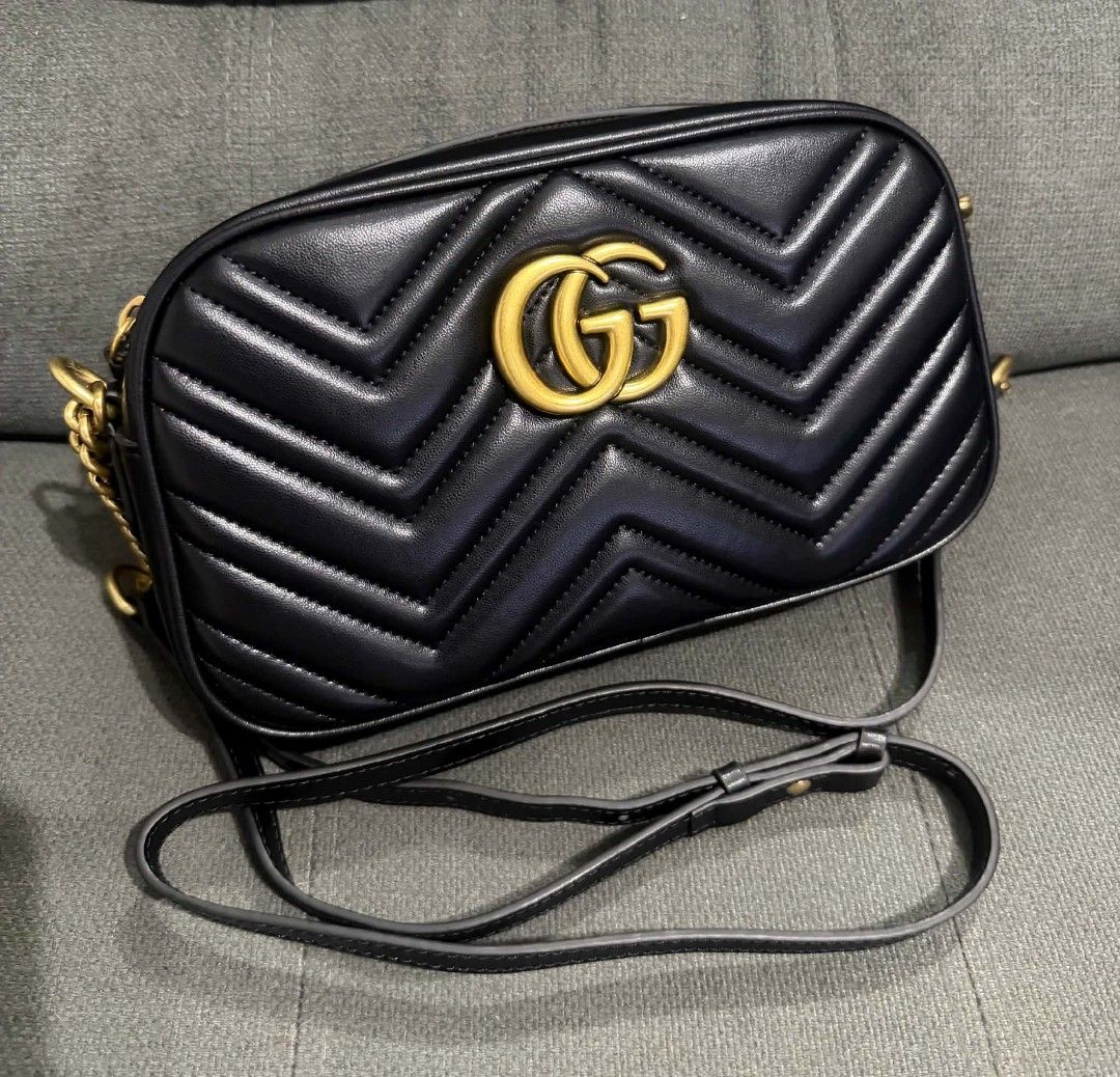 GG Marmont Camera Bag (Category: Cross-body Bags) located in Quezon City. Submitted by luxxechic (Listing ID 1462955401, Image 1). Description: coded GG underzip with black etiketa pure leather with dust bag good as new no issue actual photo posted japan preloved mop: gcash.