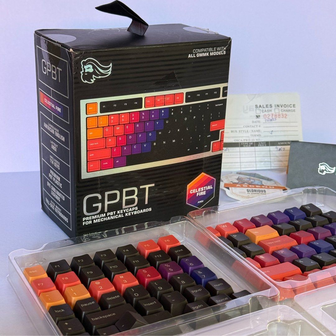 Glorious GPBT “Celestial Fire” PBT Keycap Set (Category: Computer Keyboard) located in Muntinlupa City. Submitted by louie.claudio (Listing ID 1463075875, Image 1). Description: Brand: Glorious Gaming Model: GPBT Celestial Fire Keycaps Complete Set with Packaging, original documentation, and Data Blitz receipt Original SRP: Php 4500 For Sale: P2,500 HIGHLY NEGOTIABLE! Specs: -Celestail Fire Indigo, Orange, Salmon, Fire Red, and Dark Grey Keycaps 