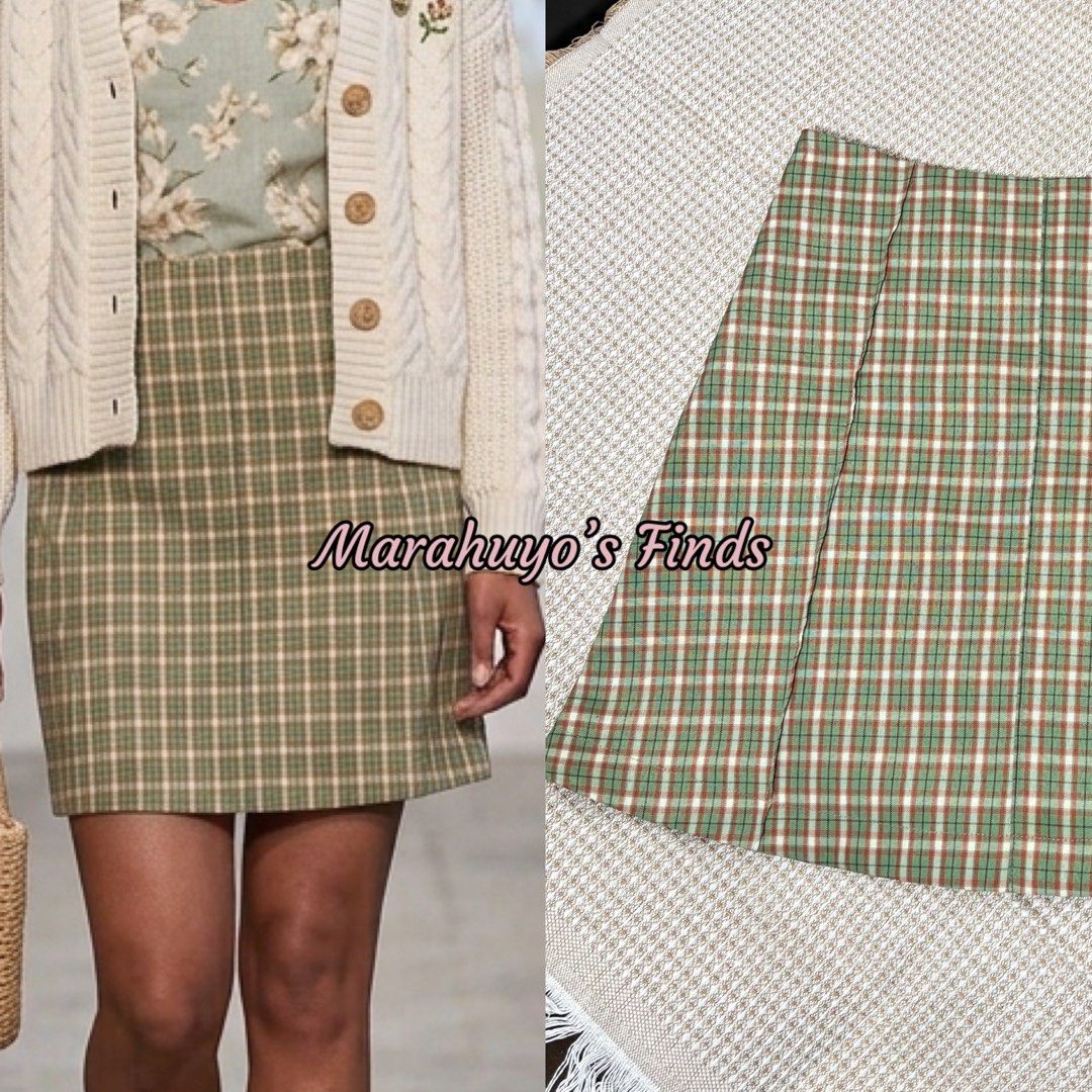 Green Plaid Mini Skirt Size S (Category: Skirts) located in Mabalacat. Submitted by marahuyos.finds (Listing ID 1462931658, Image 2). Description: - Cute green plaid mini skirt - Flattering A-line cut - Ideal for preppy or cottagecore outfits - Easy to pair with sweaters or tops - Measurements: Waist 26 inches, Length 16 inches - Size: S.