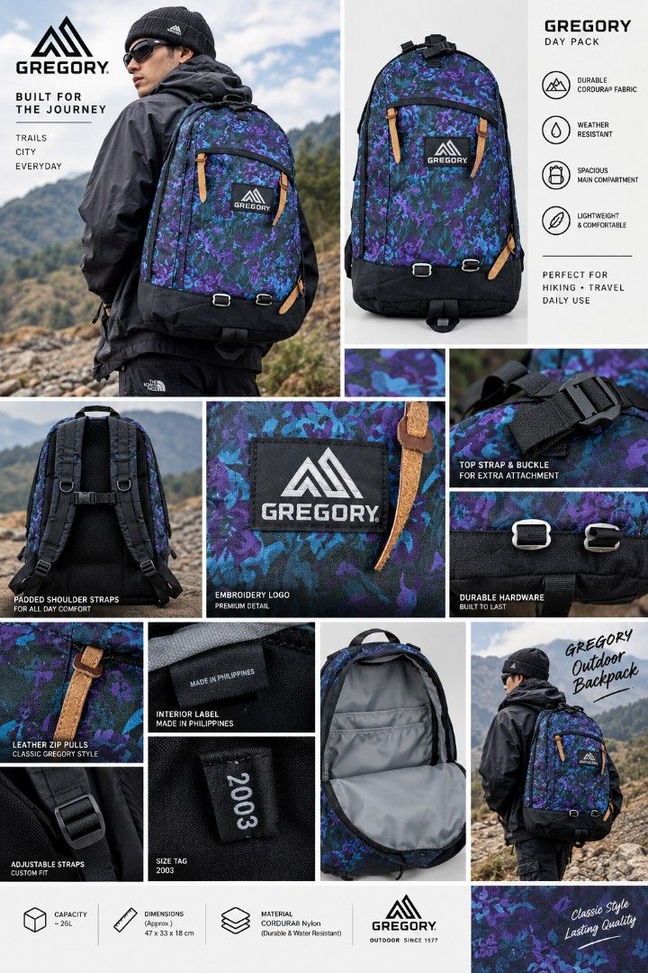 Gregory Day Pack Backpack - Floral Print (Category: Backpacks) located in Manila. Submitted by niggzreyno51476 (Listing ID 1462994297, Image 1). Description: - Stylish Gregory backpack with a cool floral print. - Made with durable Cordura fabric for long-lasting use. - Features a spacious main compartment to fit all your essentials. - Equipped with padded shoulder straps for maximum comfort. - Ideal for hiking, travel, or everyday adventures. - P