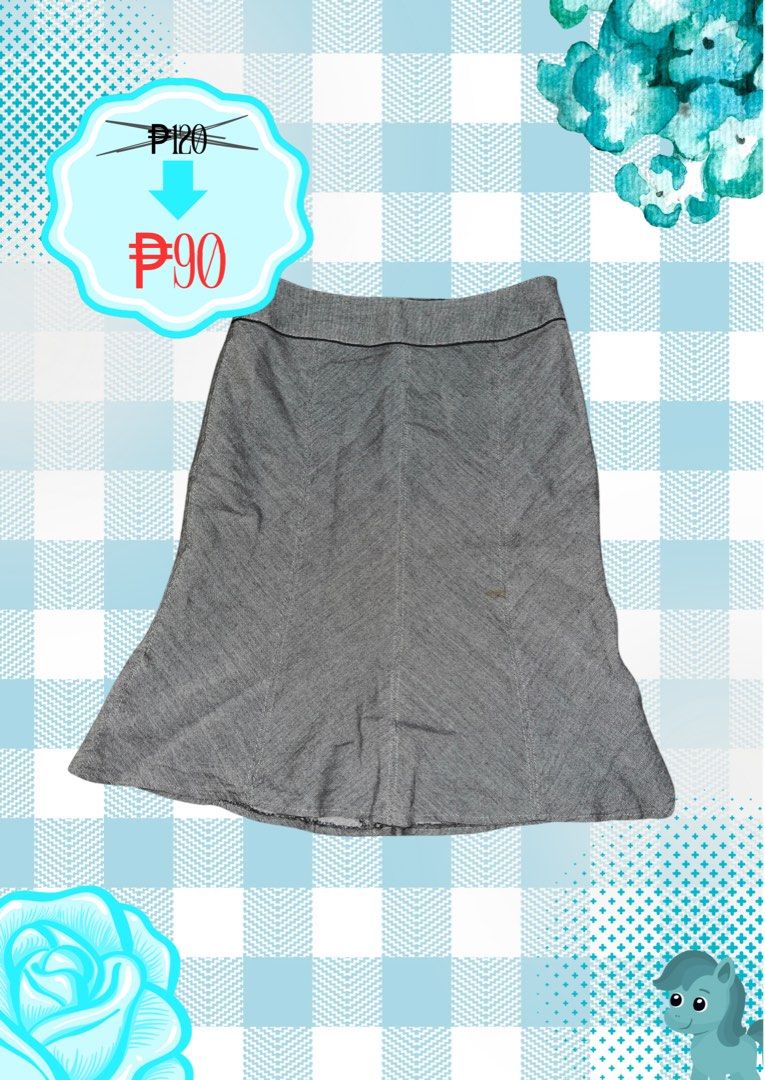 Grey A-line Skirt with Chevron Pattern (Category: Skirts) located in Tuguegarao City. Submitted by love_clothies (Listing ID 1463051880, Image 1). Description: - Grey skirt with a chic chevron pattern - Flattering knee-length A-line cut - Features a stylish dark trim at the waistband - Minor mark on the front, clearly shown in photos - Versatile for both casual outings and office wear.