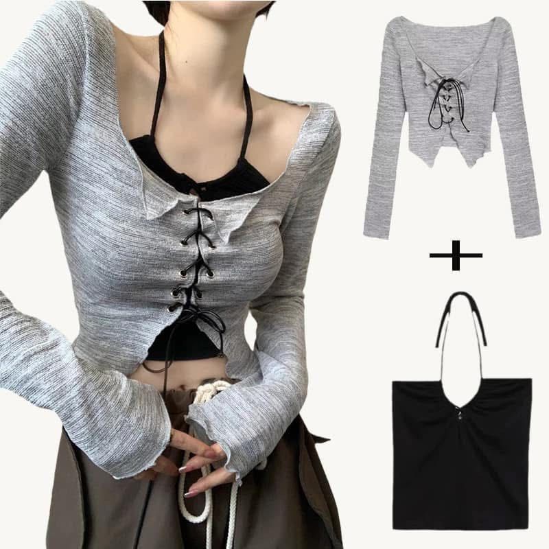 Grey Lace-Up Long Sleeve Top Set (Category: Sets or Coordinates) located in Rizal. Submitted by rosiecart (Listing ID 1462894672, Image 1). Description: mop: gcash/bank transfer mod: lalamove location: antipolo.