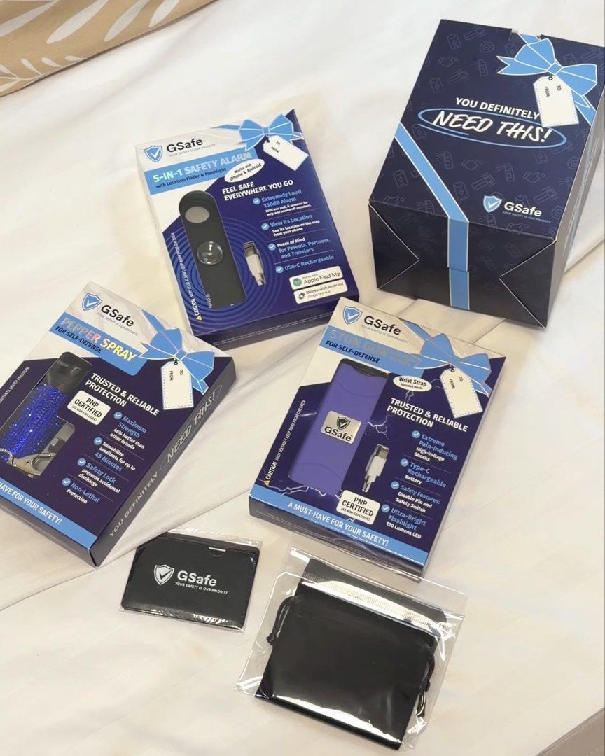 Gsafe Safety Kit Bundle (Category: Everything Else Others) located in Quezon City. Submitted by kristelledc (Listing ID 1462916710, Image 1). Description: Gsafe Safety Kit Bundle If each: GPS Tracker & Safety Alarm - 700 Pepper Spray - 500 Stun Gun - 800 Bundle - 1700 With free multitool card. With box perfect as gift - Used only for video - No issues or scratches 📍 Loc: Near SM Fairview Meet up sm fairview or lalamove delivery .