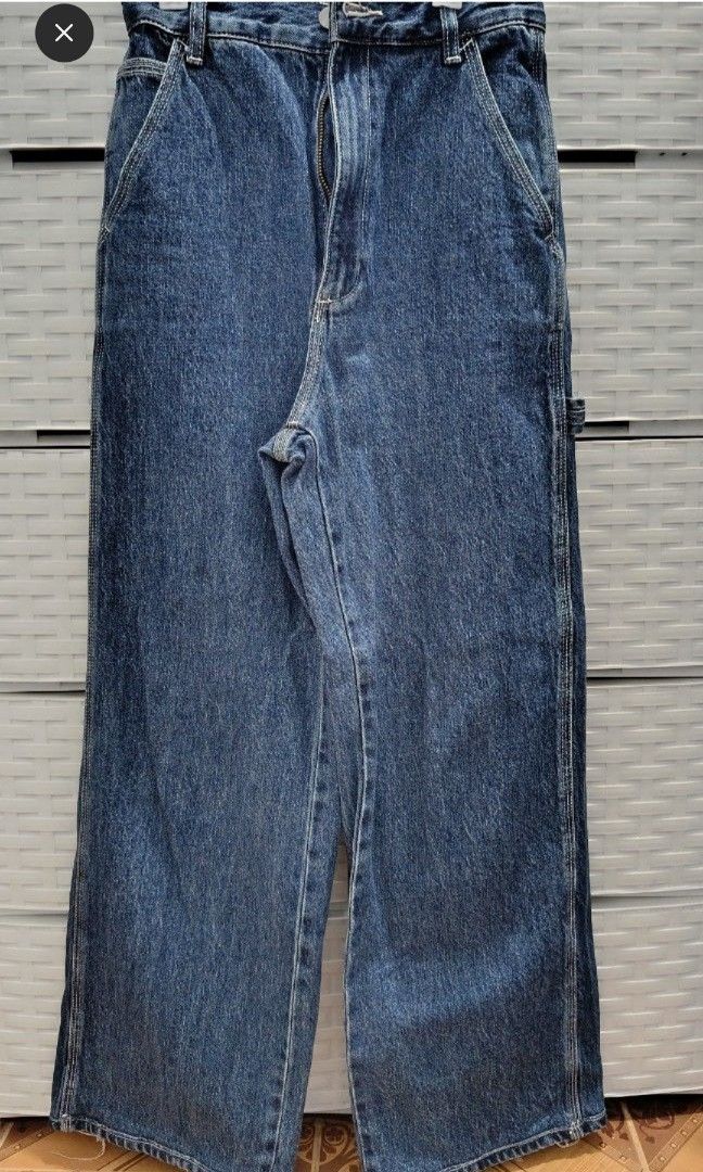 GU carpenter pants (Category: Jeans) located in Quezon City. Submitted by wornthisway_ (Listing ID 1462918790, Image 2). Description: waist: 25 inches length: 39 inches rise: 13 inches leg hole: 9.7 inches dark blue, hard denim, altered waist to fit 25 inches. no when worn. hard to let go but need to declutter 🥹.