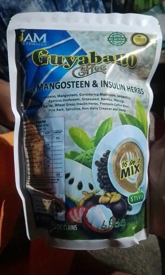 guyababo coffee 16 in 1 (Category: Health Food, Drinks & Tonics) located in Manila. Submitted by ryan061584 (Listing ID 1463016817, Image 2). Description: guyabano coffee 16 in 1 guyabano mangosteen ganoderma mushroom serpentina agaricus mushroom grapeseed banaba moringga(malunggay) barley wheat grass insulin herbs premium coffee bean pine bark spirulina non dairy creamer and stevia pickup only or lalamove COD gcash pyment or cash mixue lower bic