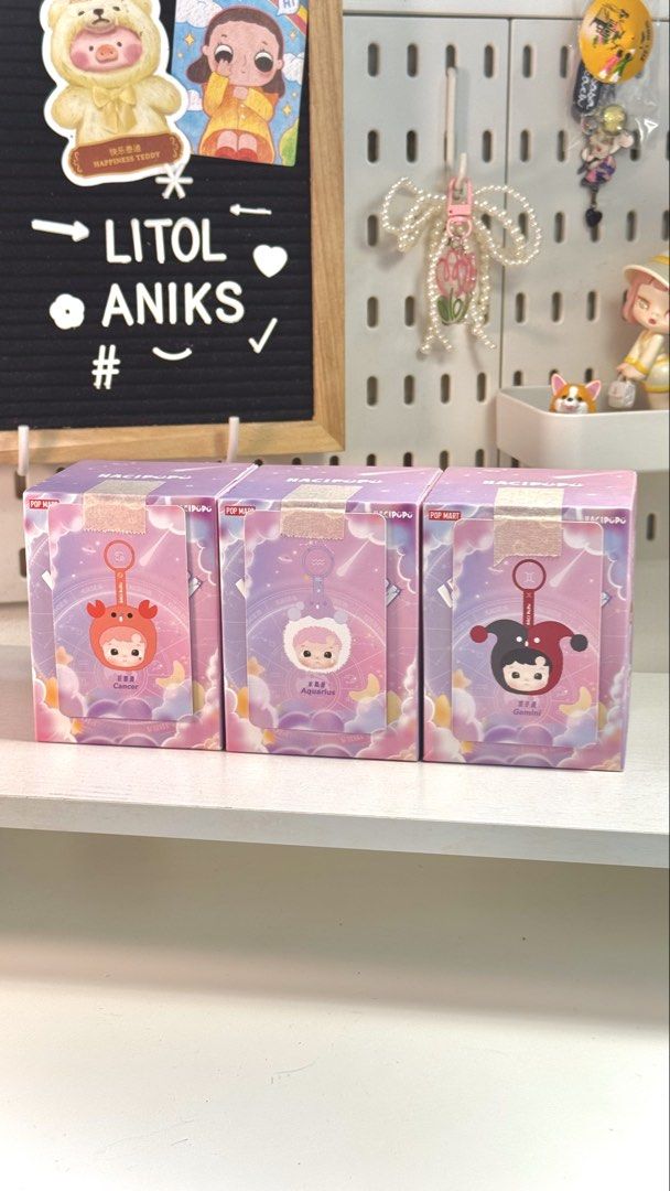 Hacipupu Constellation Vinyl Plush (Category: Designer & Blind Box Toys) located in Muntinlupa City. Submitted by litol_aniks (Listing ID 1462966593, Image 2). Description: ⋆. 𐙚 ˚ popmart hacipupu constellation bag charm 🛒 ₱500 each only! (from ₱600 srp) ⤷ sealed foil, open bottom of box ⤷ complete, open to check card only ⤷ authentic; onhand and ready to ship mop: gcash, gotyme, bpi mod: lalamove, j&t, meet up 📍alabang, muntinlupa wts lfb for