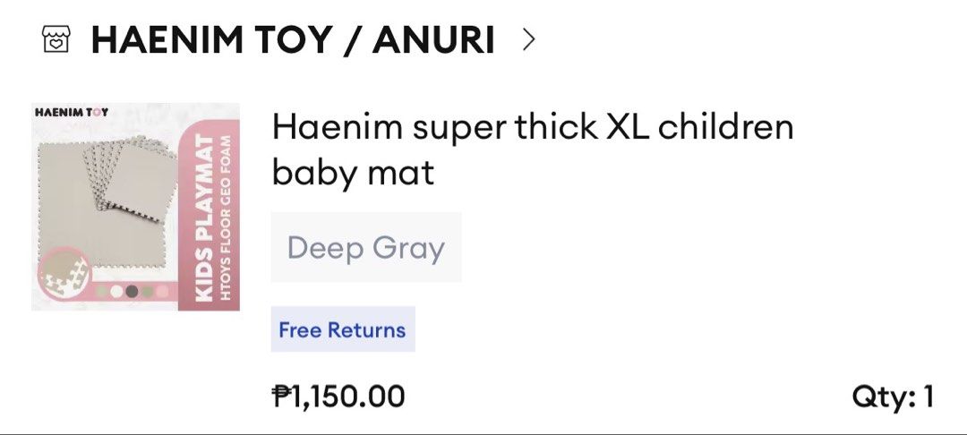 Haenim play mat thick grey (Category: Infant Playtime) located in Manila. Submitted by kristielyntan (Listing ID 1462893746, Image 3). Description: Opened but not used.