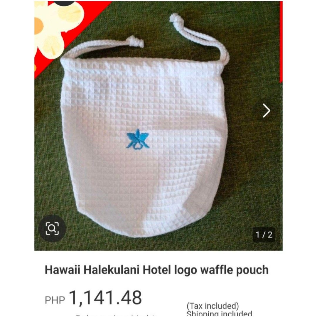 Halekulani Hotel Hawaii Waffle Drawstring Pouch #2566 (Category: Purses & Pouches) located in Santa Cruz. Submitted by gie_thrift_shop (Listing ID 1462965233, Image 2). Description: 🌴 Halekulani Hotel Hawaii Waffle Drawstring Pouch ​Authentic hotel merch featuring the iconic embroidered blue orchid logo. Perfect for travel or bag organization! ​Color: White with Blue Logo ​Dimensions: 11" (W) x 13" (L) ​Condition: Excellent pre-loved condition (