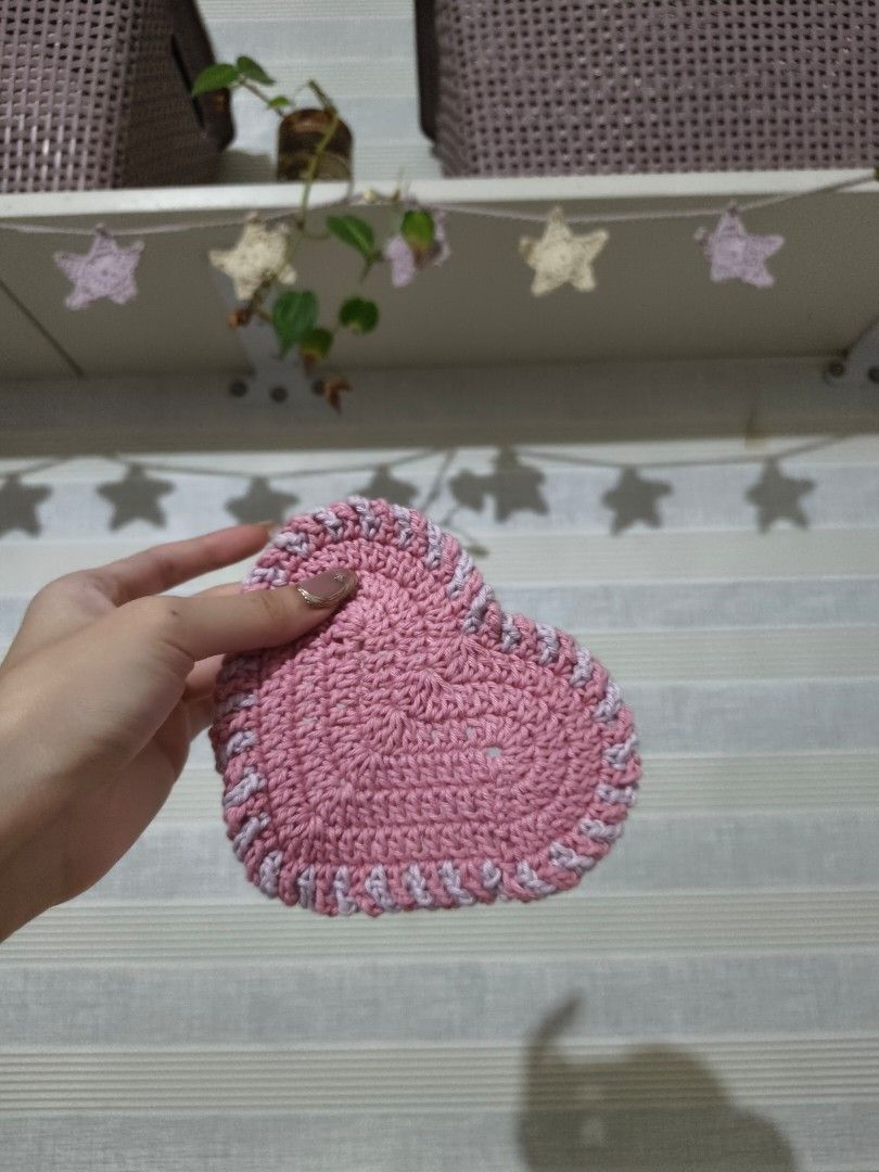 Handmade Pink Crochet Heart Coasters (Category: Coffee & Tea Tableware) located in Mandaluyong City. Submitted by aeriiicrochet (Listing ID 1463026896, Image 1). Description: - Set of 2 (PHP 350) - Size: 5 inches - 100% cotton yarn - Pretty pink with light lavender -This is my only stock & I don't plan on making more anytime soon..