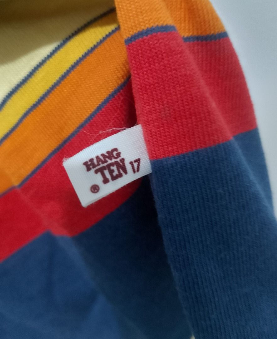 Hang Ten 17 Striped T-Shirt (Category: Tshirts & Polo Shirts ) located in Caloocan City. Submitted by saiahcado381263 (Listing ID 1462960277, Image 3). Description: VINTAGE RARE 70s/80s HANG TEN MULTI-STRIPE SURF TEE 🐾 🌊 ₱ 300 Size: MEDUIM TO LARGE (BOXY FIT) WIDTH: 21 LENGTH: 28 DETAILS: Brand: Hang Ten California Registry: RN 19221 (70s/80s Era) Design: Heavy Horizontal Retro Stripe Issue:minor fabric distressing/small holes Iconic California