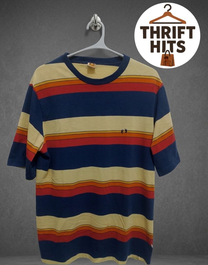 Hang Ten 17 Striped T-Shirt (Category: Tshirts & Polo Shirts ) located in Caloocan City. Submitted by saiahcado381263 (Listing ID 1462960277, Image 1). Description: VINTAGE RARE 70s/80s HANG TEN MULTI-STRIPE SURF TEE 🐾 🌊 ₱ 300 Size: MEDUIM TO LARGE (BOXY FIT) WIDTH: 21 LENGTH: 28 DETAILS: Brand: Hang Ten California Registry: RN 19221 (70s/80s Era) Design: Heavy Horizontal Retro Stripe Issue:minor fabric distressing/small holes Iconic California