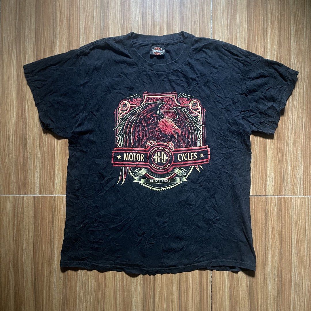 Harley Davidson Born To Ride Eagle T-shirt (Category: Tshirts & Polo Shirts ) located in General Mariano Alvarez. Submitted by 4117_thriftnthrive (Listing ID 1462915802, Image 1). Description: In good condition Minimal hairlines Size on tag: L Measurements Width: 21.5” Length: 27” .