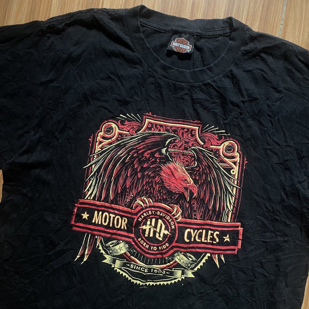 Harley Davidson Born To Ride Eagle T-shirt (Category: Tshirts & Polo Shirts ) located in General Mariano Alvarez. Submitted by 4117_thriftnthrive (Listing ID 1462915802, Image 2). Description: In good condition Minimal hairlines Size on tag: L Measurements Width: 21.5” Length: 27” .