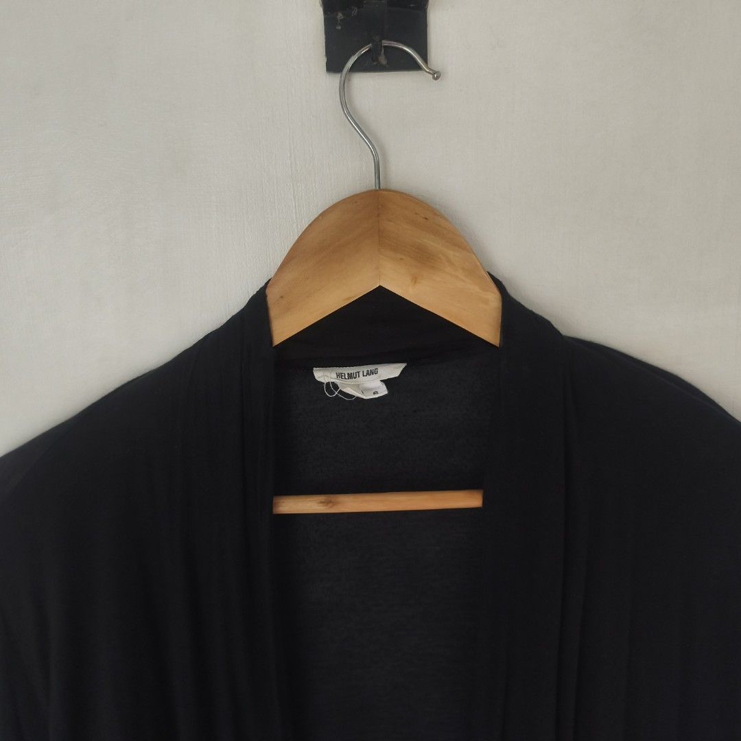 Helmut Lang Rayon robe (Category: Luxury Apparel) located in Tayabas. Submitted by cat.b0i (Listing ID 1463018541, Image 2). Description: Size on tag: S Fitting: Men - M Women - M ‎Length: 27.5 ‎Width: 22 (no enclosure, measured na pinagdikit yung both ends) ‎Shoulder: 29 ‎Arm Space: 5 ‎Sleeve Length: 16 ‎ ‎Color: black Color Rate: 9.2 ‎Material: 100% cotton properties: embroidered logo on chest with custom buttons ‎Issues: minor pills ‎Condition