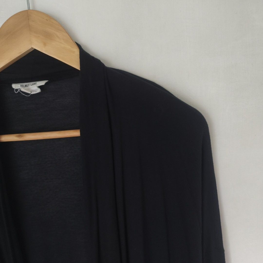 Helmut Lang Rayon robe (Category: Luxury Apparel) located in Tayabas. Submitted by cat.b0i (Listing ID 1463018541, Image 3). Description: Size on tag: S Fitting: Men - M Women - M ‎Length: 27.5 ‎Width: 22 (no enclosure, measured na pinagdikit yung both ends) ‎Shoulder: 29 ‎Arm Space: 5 ‎Sleeve Length: 16 ‎ ‎Color: black Color Rate: 9.2 ‎Material: 100% cotton properties: embroidered logo on chest with custom buttons ‎Issues: minor pills ‎Condition