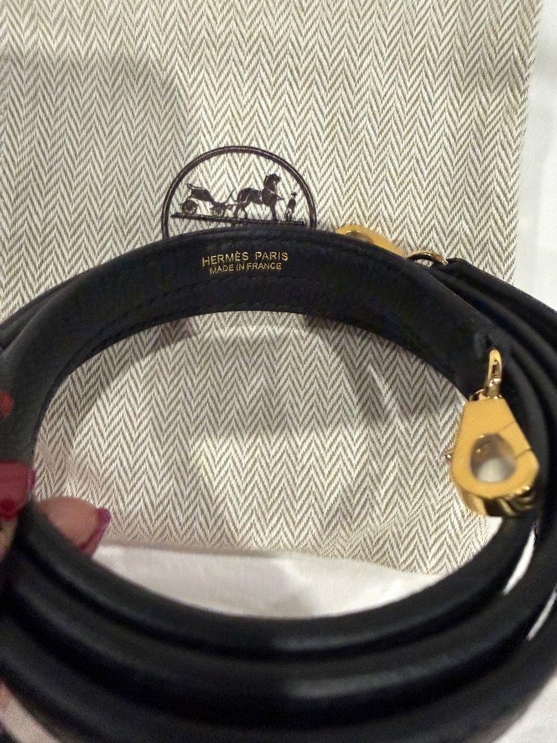 Hermes Black Leather Strap with Gold Hardware (Category: Luxury Bags & Wallets) located in Quezon City. Submitted by ilabluxe (Listing ID 1462937421, Image 2). Description: - Authentic Hermes Paris strap 110 cm - Made to order at Paris France Hermes Store - plastic still intact never use or never tried - Not sure about the leather but i ordered it for my kelly chepre but has a different leather - Made in France - Black leather with gold hardware 