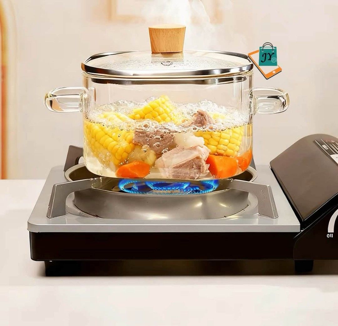 High Borosilicate Glass Double Ear Pot with Lid (Category: Cookware & Accessories) located in Manila. Submitted by chaionlineshop (Listing ID 1462993999, Image 3). Description: - High borosilicate clear glass pot - Wooden lid with handle - Dimensions: 23cm (width) x 14cm (height) - Lid diameter: 16cm - Ideal for cooking soup, noodles, or boiling water - Compatible with gas stoves and induction cookers - Includes original box.