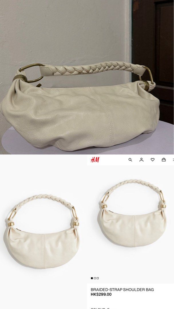 H&M Braided-Strap Shoulder Bag Cream (Category: Shoulder Bags) located in Manila. Submitted by activepeach (Listing ID 1463111609, Image 1). Description: - Cream shoulder bag from H&M - Features a braided strap with gold hardware - Zipper closure - Unique crescent moon shape - Ideal for everyday wear.