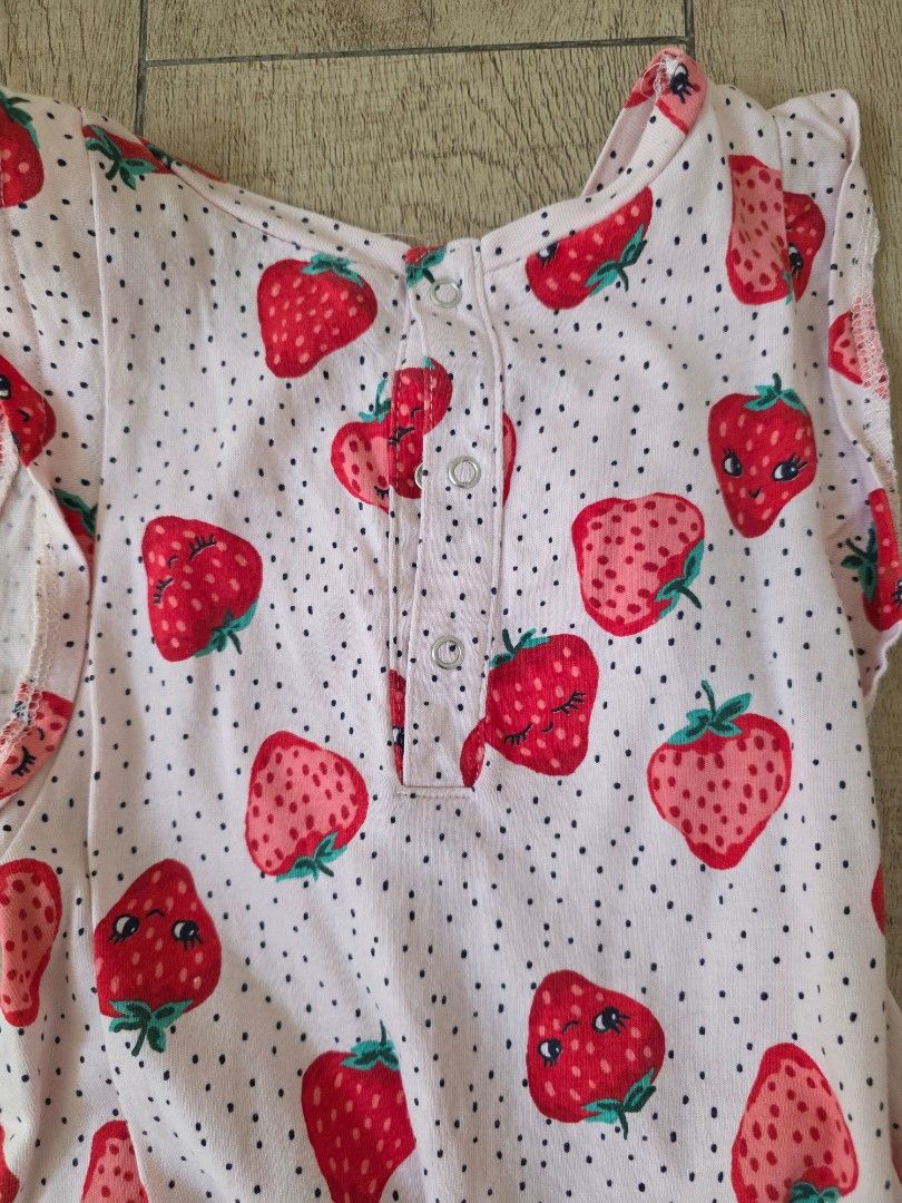 H&M kids romper (Category: Babies & Kids Fashion) located in Quezon City. Submitted by preloved_by_mariekondo (Listing ID 1462900216, Image 3). Description: H&M Sleeveless patterned jersey romper, strawberry and polka-dot print on light pink fabric. It includes a gathered elastic waistband, decorative front tie, ruffle accents at the shoulders, and a button-up keyhole closure on the upper back. Size 4-6y Outgrown and decluttering.