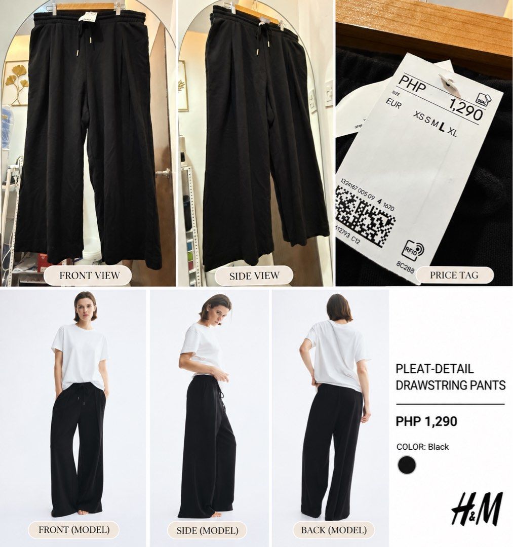 H&M Pleat-Detail Drawstring Pants Black Large (Category: Other Bottoms) located in Tarlac. Submitted by chixsie (Listing ID 1463052386, Image 1). Description: 🛍️ BNEW H&M PLEAT-DETAIL DRAWSTRING PANTS🛍️ ORIGINAL PRICE: 1,290 SELLING IT FOR ONLY 850 WIDTH: 36 LENGTH: 38 OPEN FOR MEET UP AND SHIPPING 📍PAMPANGA.