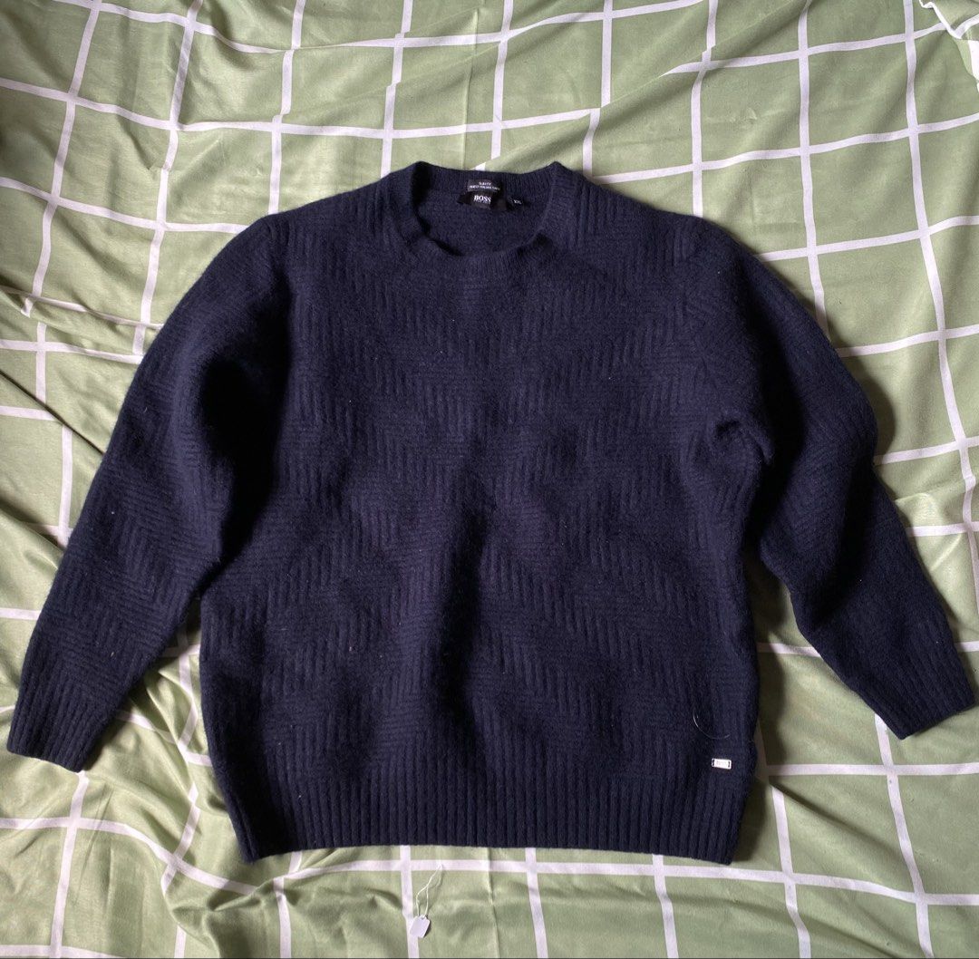 Hugo Boss slimfit sweater (Category: Coats, Jackets and Outerwear) located in Paranaque City. Submitted by lilliputscornerstore (Listing ID 1462890582, Image 1). Description: BOSS navy blue crewneck knit sweater with a textured diamond or chevron pattern made with fine Italian yarn..