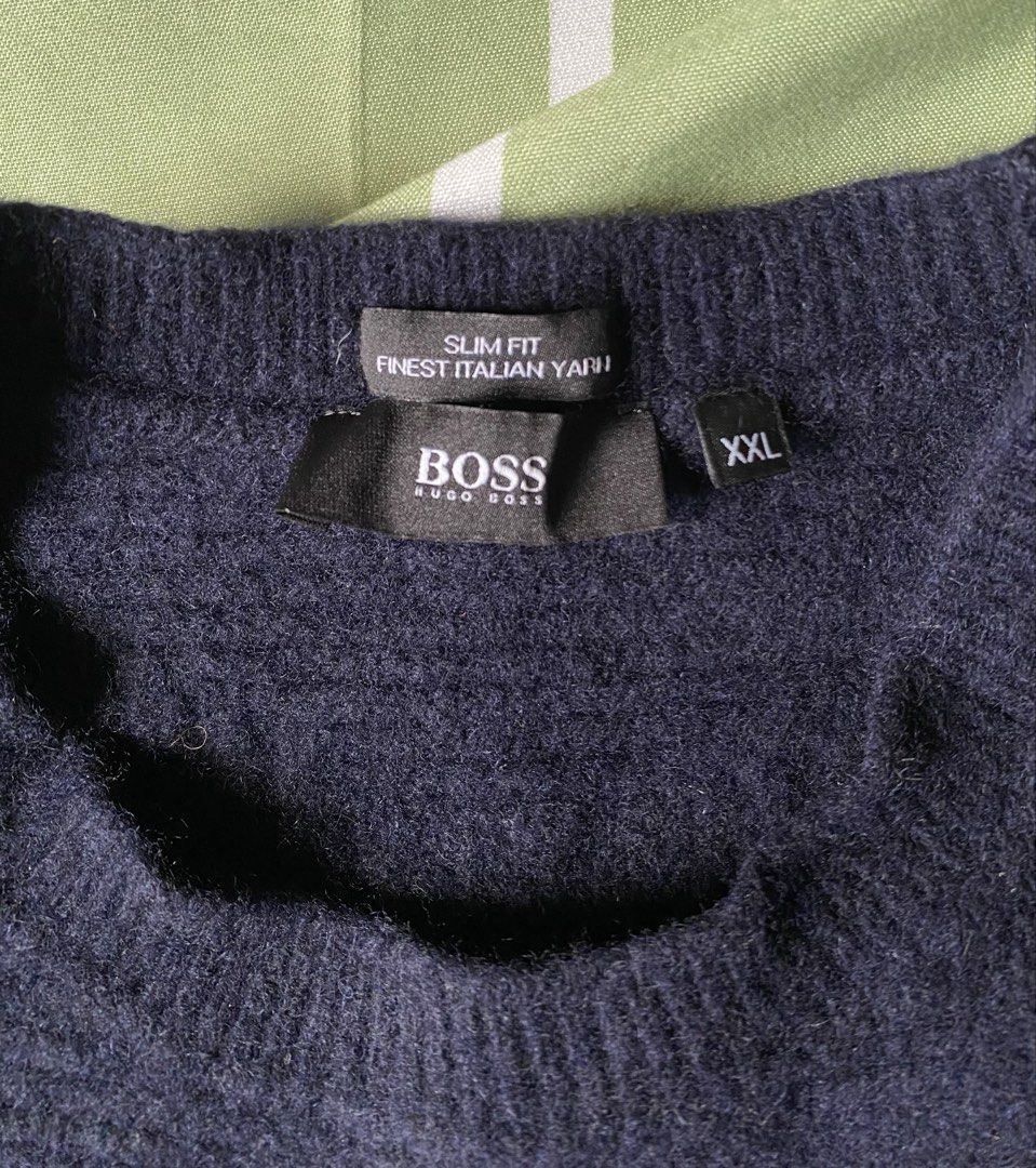 Hugo Boss slimfit sweater (Category: Coats, Jackets and Outerwear) located in Paranaque City. Submitted by lilliputscornerstore (Listing ID 1462890582, Image 2). Description: BOSS navy blue crewneck knit sweater with a textured diamond or chevron pattern made with fine Italian yarn..
