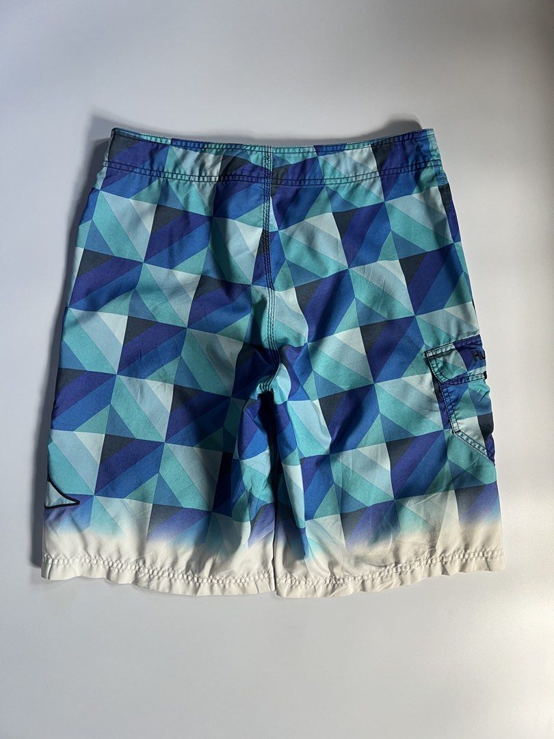 Hurley Geometric Print Board Shorts Blue (Category: Swim Trunks & Board Shorts) located in Baler. Submitted by allthrifted31 (Listing ID 1462962890, Image 2). Description: - Cool Hurley board shorts - Geometric pattern in shades of blue and teal - Side cargo pocket with velcro closure - Drawstring waist for adjustable fit - Ideal for beach or pool activities.