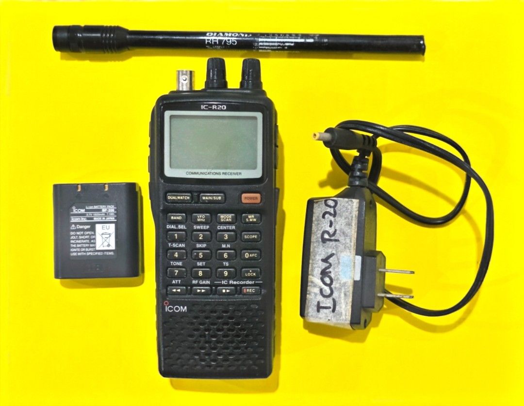 Icom IC-R20 Communications Receiver Radio Scanner (Category: Walkie-Talkie) located in Cebu City. Submitted by l3.ab (Listing ID 1462928553, Image 1). Description: • Icom IC-R20 Communications Receiver • Includes: Radio, Battery Pack, Antenna, AC Adapter • Antenna: Diamond RH770 (Damaged - No Tip) • All items pictured are included, No box no other accessories .
