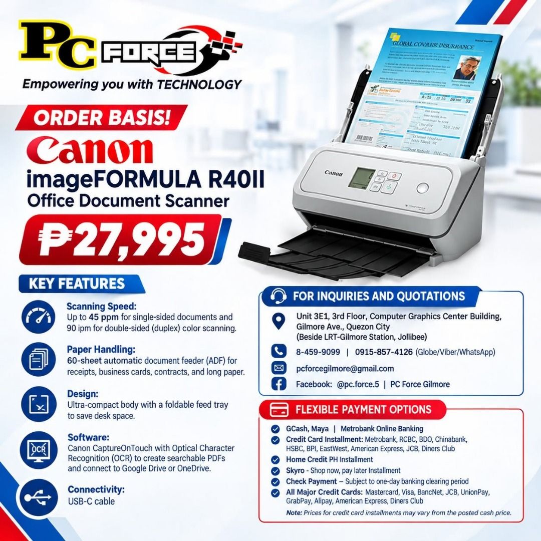 imageFORMULA R40II (Category: Printers, Scanners & Copiers) located in Quezon City. Submitted by lessterpcforce4302 (Listing ID 1462894330, Image 1). Description: The Canon imageFORMULA R40II is an ultra-compact desktop scanner designed for space-constrained workspaces and home office. It features a foldable paper tray, scanning speeds of up to 45 ppm (simplex) and 90 ipm (duplex), and advanced image processing for high quality output. With a qui