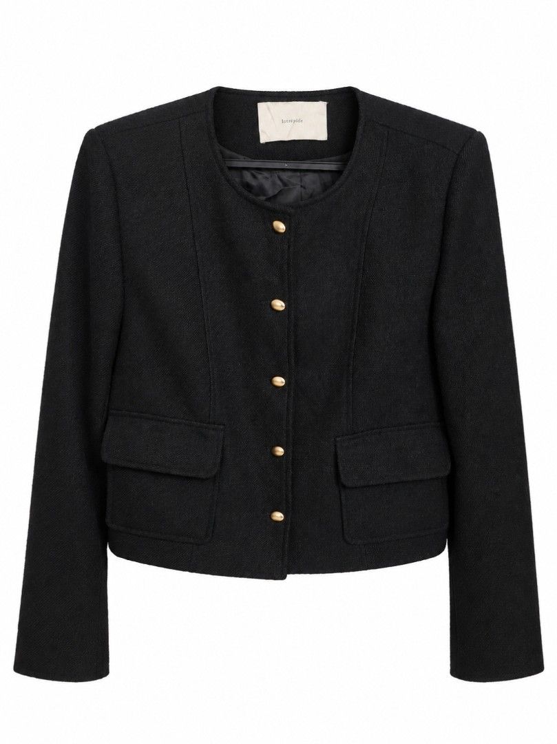 Intrépide Black Jacket (Category: Coats, Jackets and Outerwear) located in Makati City. Submitted by clickfortreats (Listing ID 1463043739, Image 1). Description: - Black collarless jacket by Intrépide - Features elegant gold button closure - Two functional flap pockets on the lower front -fits up to semi Large - Structured shoulders for a polished look - Versatile piece, great for dressing up or down.