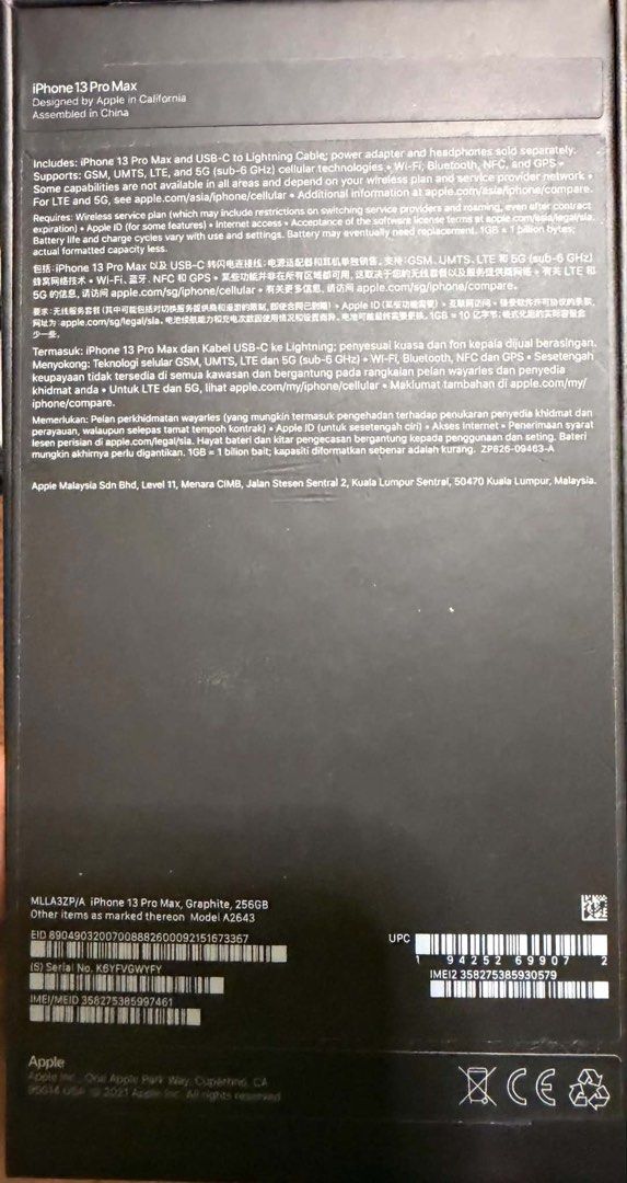 Iphone 13 promax (Category: iPhone X Series) located in Bacoor. Submitted by mailasagenes15 (Listing ID 1463031990, Image 2). Description: *iPhone 13 Pro Max* Color: Graphite Storage: 256 GB Inclusion: Box & C Charging cable Freebee: wired earphone Battery Health: 76 % but it can last up to 1.5 or 2 days No physical, mechanical or digital issues at all Very Smooth, no dent and scratch No history of repair and opening 100% All parts original All f