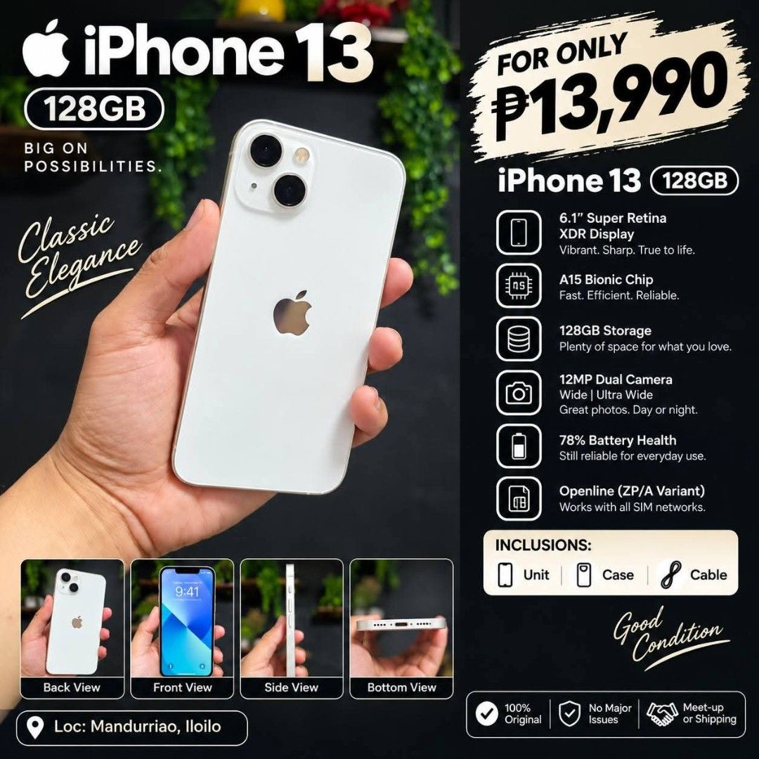 iPhone 13 White Starlight 128GB (Category: iPhone 13 Series) located in Manila. Submitted by mklayn22 (Listing ID 1462977978, Image 1). Description: iPhone 13 128GB 78% BH good as new openline anysim meetup: Rob Jaro or Sm city iloilo.