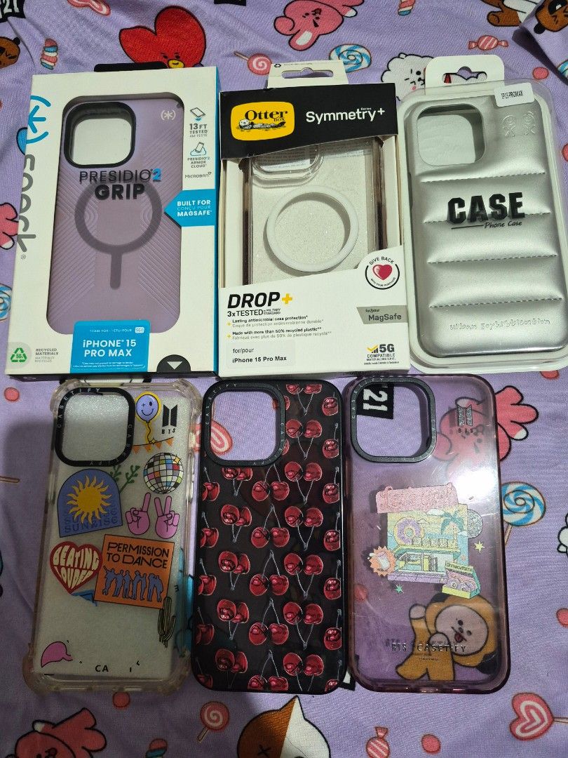 iPhone 15 pro max cases (Category: Cases & Sleeves) located in Pasay City. Submitted by kimjeon19 (Listing ID 1463104854, Image 1). Description: selling for bundle only last price posted used iPhone 15 pro max cases shell design is unused free merch for Army buyer💜 can do lalamove for same day and j&t.